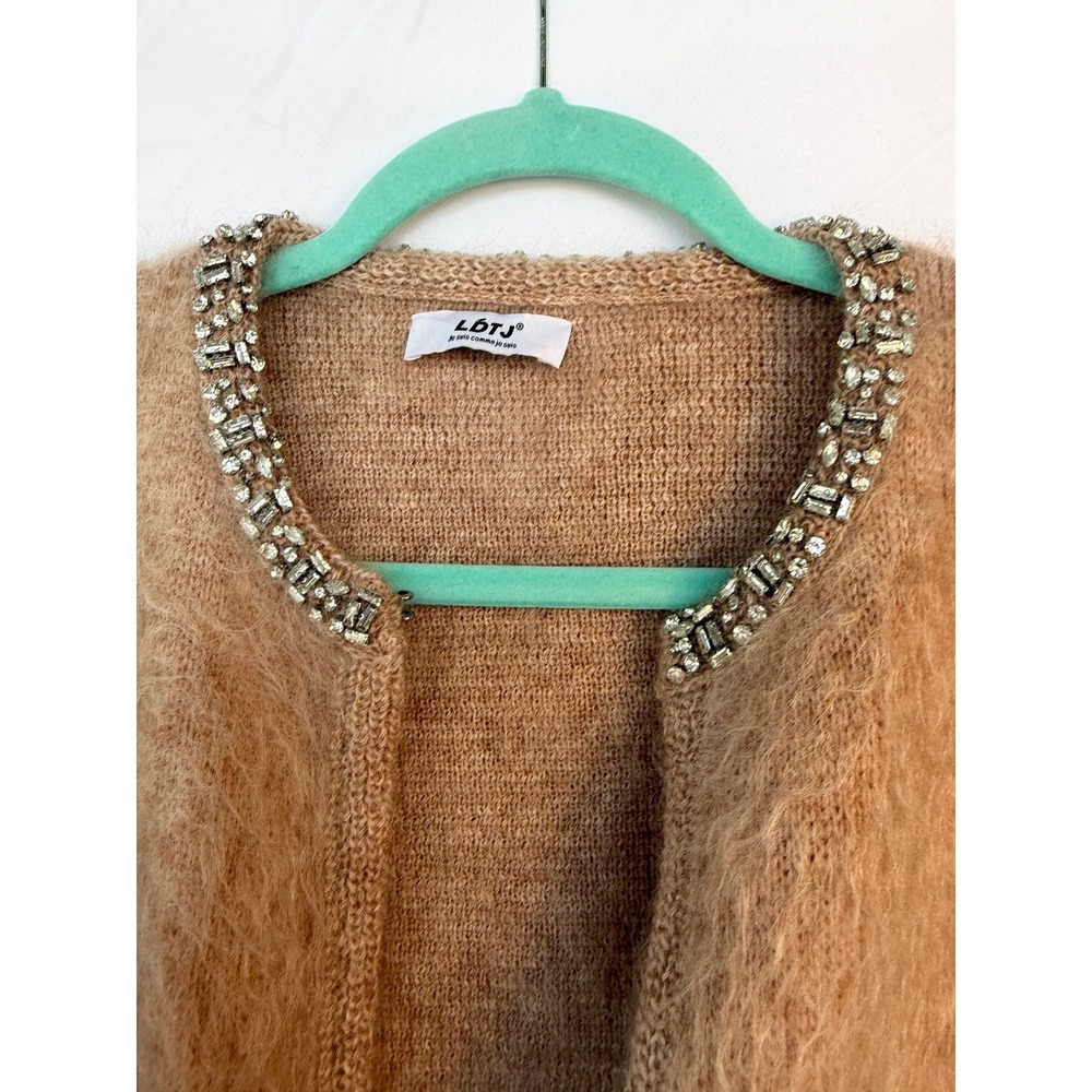 LDTJ Embellished Fuzzy Cardigan Open front Neutral Sz 1